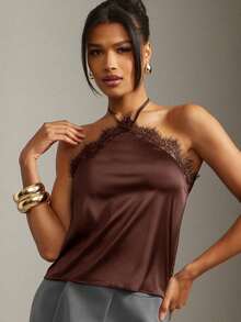 Hauture Sexy Summer Office Lace Datail Halter Cami Top - Brown - View 2