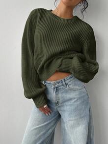 SHEIN BASICS 女款純色圓領長袖休閒寬鬆針織毛衣，秋冬季 - 軍綠色 - 查看 5