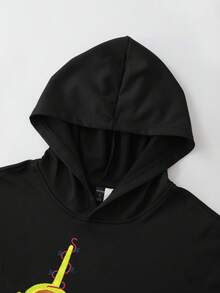 ROMWE MEN Teletubbies X ROMWE Men's Autumn Dipsy Pattern Rhinestone Embellished Loose Hoodie Sweatshirt, Long Sleeve Top - Black - View 4