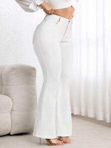 Flexra Plus Size High Waist Slim Fit Flare Jeans - White - View 3