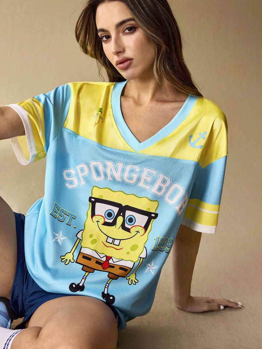 SpongeBob SquarePants | SHEIN 女士休闲撞色卡通图案V领短袖T恤，夏季 - 藍色 - 查看 1
