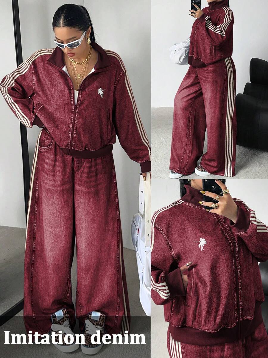 POPSWAY Chaqueta con cremallera de manga larga con estampado de mezclilla sintética + Pantalones rectos sueltos con estampado de mezclilla sintética, conjunto de 2 piezas elegante, retro, casual, para vacaciones y universidad, talla grande para otoño/invierno - Burdeos - Ver 1