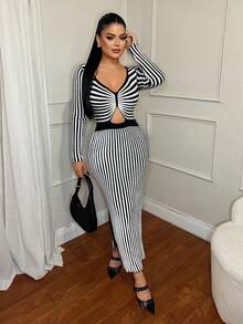 SHEIN SXY Women's Regular Striped Waist Cutout Fitted Long Sleeve Knit Dress - Black and White - View 5