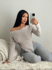 SHEIN SXY Asymmetrical Shoulder Exposed Striped Long Sleeve Top, Autumn/Winter - Multicolor - View 1
