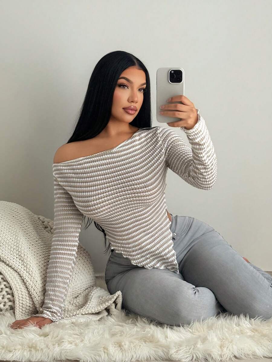 SHEIN SXY Asymmetrical Shoulder Exposed Striped Long Sleeve Top, Autumn/Winter - Multicolor - View 1