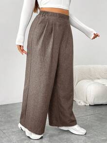 SHEIN Essnce 大码女装秋冬时尚休闲宽松日常舒适复古灰色弹力腰阔腿裤，女式下装，工作裤，秋季穿搭，复古风，经典裤装，曲线裤 - 卡其色 - 查看 3