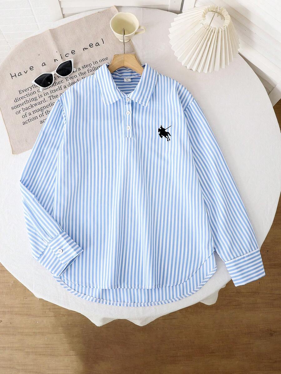 Teen Girl Knight Embroidery Striped Long Sleeve Shirt, Can Be Paired With Skirts Or Shorts - Blue - View 1