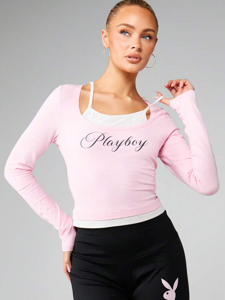 Missguided x Playboy Cutout Neckline Long Sleeve Top With Script Print For Casual Everyday Layering