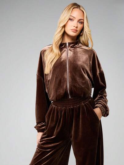 MISSGUIDED Velvet Full Zip Through Sweatshirt Long Sleeve Luxe Athleisure Jacket Winter Comfort