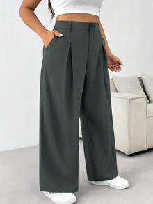 SHEIN PETITE CURVE Quần ống rộng cài nút màu trơn cỡ lớn cho mùa thu/đông - Màu xám đen - Xem 4