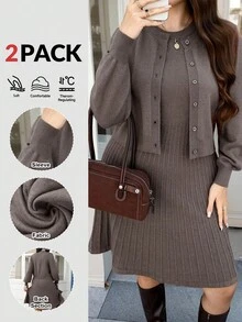 SHEIN LUNE Bộ váy áo cardigan dệt kim màu trơn cỡ lớn, trang phục thường ngày cho nữ mùa thu, mùa đông, lễ hội Halloween, lễ hội Giáng sinh, trang phục Halloween cho nữ, trang phục công sở thường ngày, trang phục giáo viên, bộ đồ nữ cỡ lớn sành điệu. - màu nâu - Xem 8