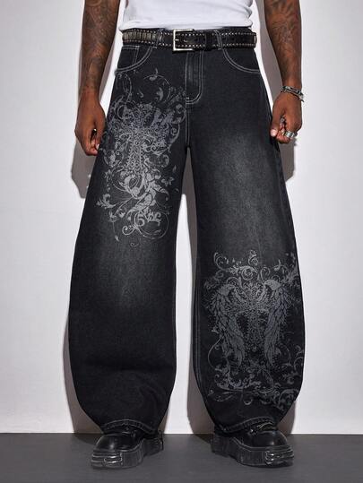 Street Life Jeans en denim vintage délavé avec poche graphique croix et aile, style casual pour hommes