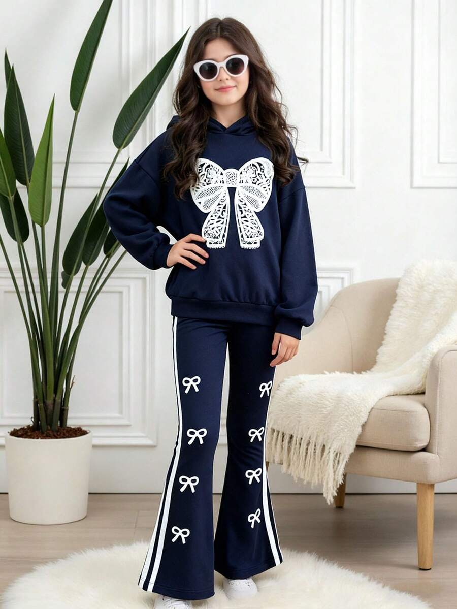 SHEIN 女童提花针织连帽衫 + 天鹅绒喇叭裤休闲装 - 藏蓝色 - 查看 1