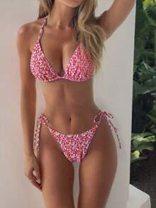 Swim Mod 2026 Spring/Summer 2pcs Women's Multi-Color Sexy Halter Random Ditsy Floral Spaghetti Strap Backless Side Tie Bikini Set Set - Multicolor - View 1