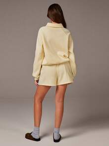 Athîral 女士休闲长袖上衣和短裤两件套 - 淡黃色 - 查看 4