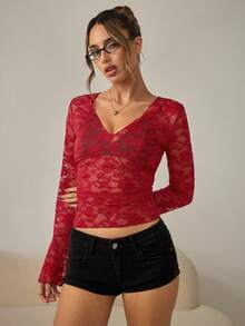 Women's Lace V-Neck Long Sleeve Sheer Sleepwear Top - Burgundy - View 5