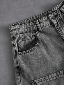 ROMWE MEN Street Life Quần jeans nam ống rộng dáng suông có túi hộp - Xám - Xem 3