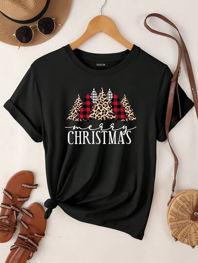 SHEIN LUNE Women Christmas Tree Print Short Sleeve T-Shirt Graphic Tees Women Tops