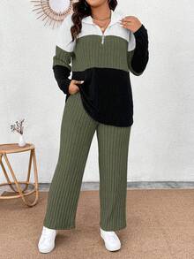 EMERY ROSE Plus Size Collared Zip Decor Soft Knit Long Sleeve Ribbed Colorblock T-Shirt And Soft Ribbed Pants Casual 2-Piece Outfit - Multicolor - View 5