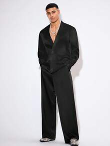 HIMLAND Áo sơ mi nam cổ lệch, chất liệu taffeta dệt kim, thích hợp cho các lễ hội, đám cưới, tiệc tùng, lễ hội âm nhạc, áo sơ mi lụa satin ban đêm. - màu đen - Xem 4