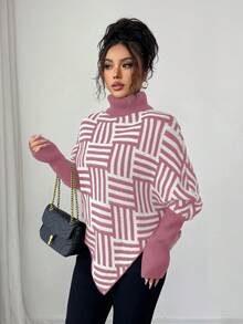 Selianne Women's Elegant High Neck Geometric Textured Poncho Sweater, Colorblock, Suitable For Home & Travel, Spring/Autumn - Baby Pink - View 5