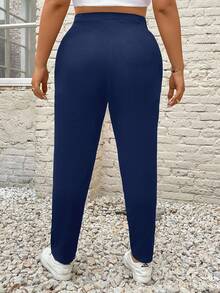 SHEIN PETITE CURVE Plus Size Women's Letter Embroidered Pockets Casual Tapered Pants/Winter - Navy Blue - View 2