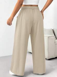 SHEIN PETITE CURVE Quần ống rộng cài nút màu trơn cỡ lớn cho mùa thu/đông - Màu be - Xem 2