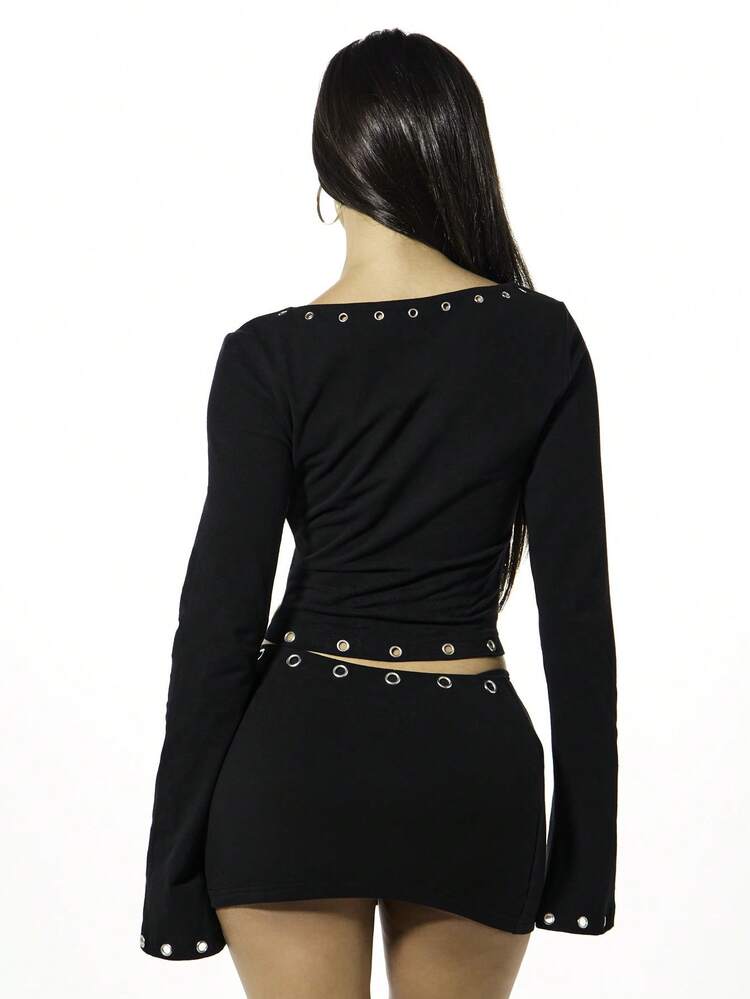 SUMWON WOMEN Long Sleeve Lace Up Top With Eyelet Detail