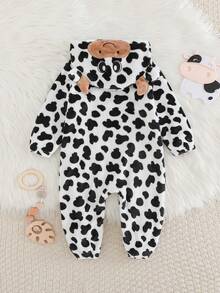 Cozy Pixies Bộ áo liền quần dài tay có mũ, lót giữ nhiệt, họa tiết bò sữa cho bé trai. - Đen và trắng - Xem 2