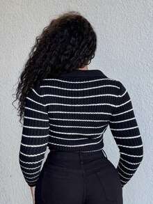 Alexandranx V-Neck Striped Slim Fit Sweater, Casual & Fashionable For Daily Wear Knit Pullover Fall Winter Outfit - Black - View 2