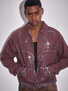 ROMWE MEN Street Life Men's Turquoise Collar Long Sleeve Pockets Zipper Front Casual Denim Jacket - Brown - View 4