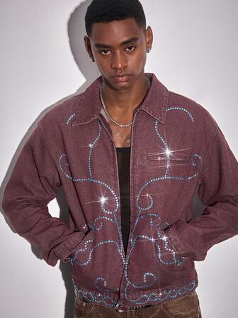 Street Life Men's Turquoise Collar Long Sleeve Pockets Zipper Front Casual Denim Jacket