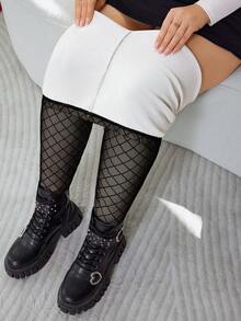 SHEIN CURVE+ Leggings in morbido pile di pecora con tessuto in rete nera, adatti per l'autunno e l'inverno - nero - Visualizzare 9