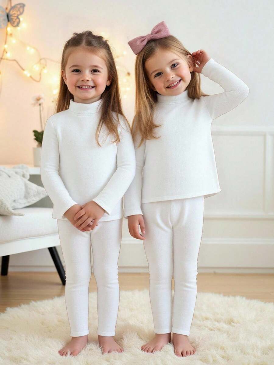 SHEIN 2件套少女纯色针织立领休闲T恤和裤子套装 - 白色 - 查看 1