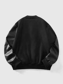 ROMWE MEN Street Life Men's PU Leather Patchwork Long Sleeve Single-Breasted Casual Baseball Jacket - Multicolor - View 2