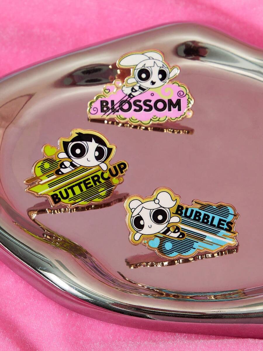 THE POWERPUFF GIRLS X SHEIN 1 Set de broches casuales y lindos con elementos de dibujos animados populares entre mujeres, como flor, burbujas y Buttercup - Dorado - Ver 1
