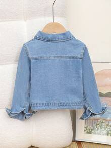 SHEIN Young Girl Long Sleeve Single Breasted Distressed Casual Denim Jacket, School, Campus, College Fall Winter