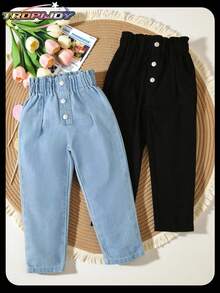 SHEIN 2 件套幼儿女童喇叭牛仔裤，休闲宽松，荷叶边腰部设计，适合上学、户外、街头、派对、日常穿着、度假、通勤、秋冬