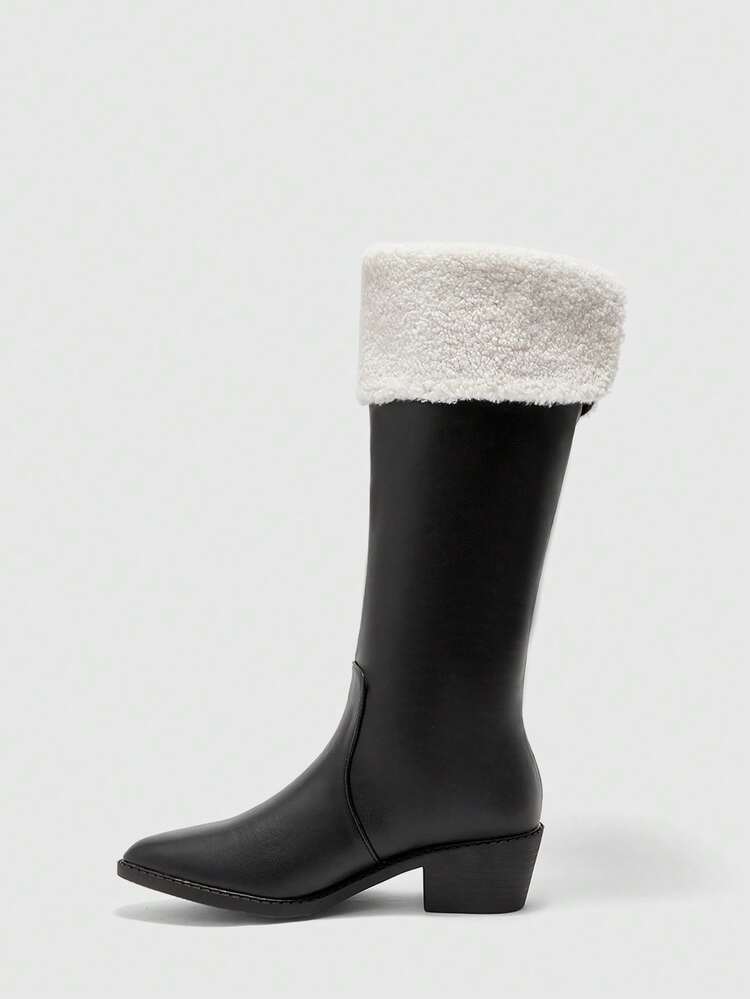 CUCCOO BIZCHIC Women's Faux Leather Pointed Toe Chunky Heel Mid-Calf Boots, Fuzzy Trim Design, Fashion Versatile Black Boots For Daily, Commute, Shopping, Afternoon Tea, Christmas, Halloween