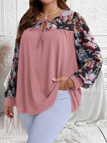 EMERY ROSE Plus Size Floral Print Patchwork T-Shirt, Casual Autumn/Winter