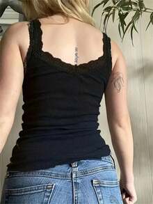 INAWLY Women's Black Camisole With Lace Trim Wide Straps