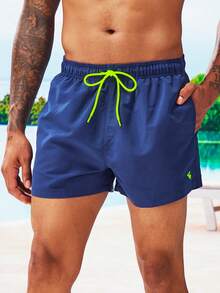 Manfinity Swimmode Men's Drawstring Waist Pocket Beach Shorts - Navy Blue - View 3