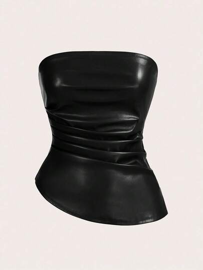 Auralis 大码女装春夏时尚休闲舒适日常黑色弹力PU皮性感抹胸上衣，夏季，Y2K，夜店性感，外出上衣，锐舞音乐节，乡村音乐会