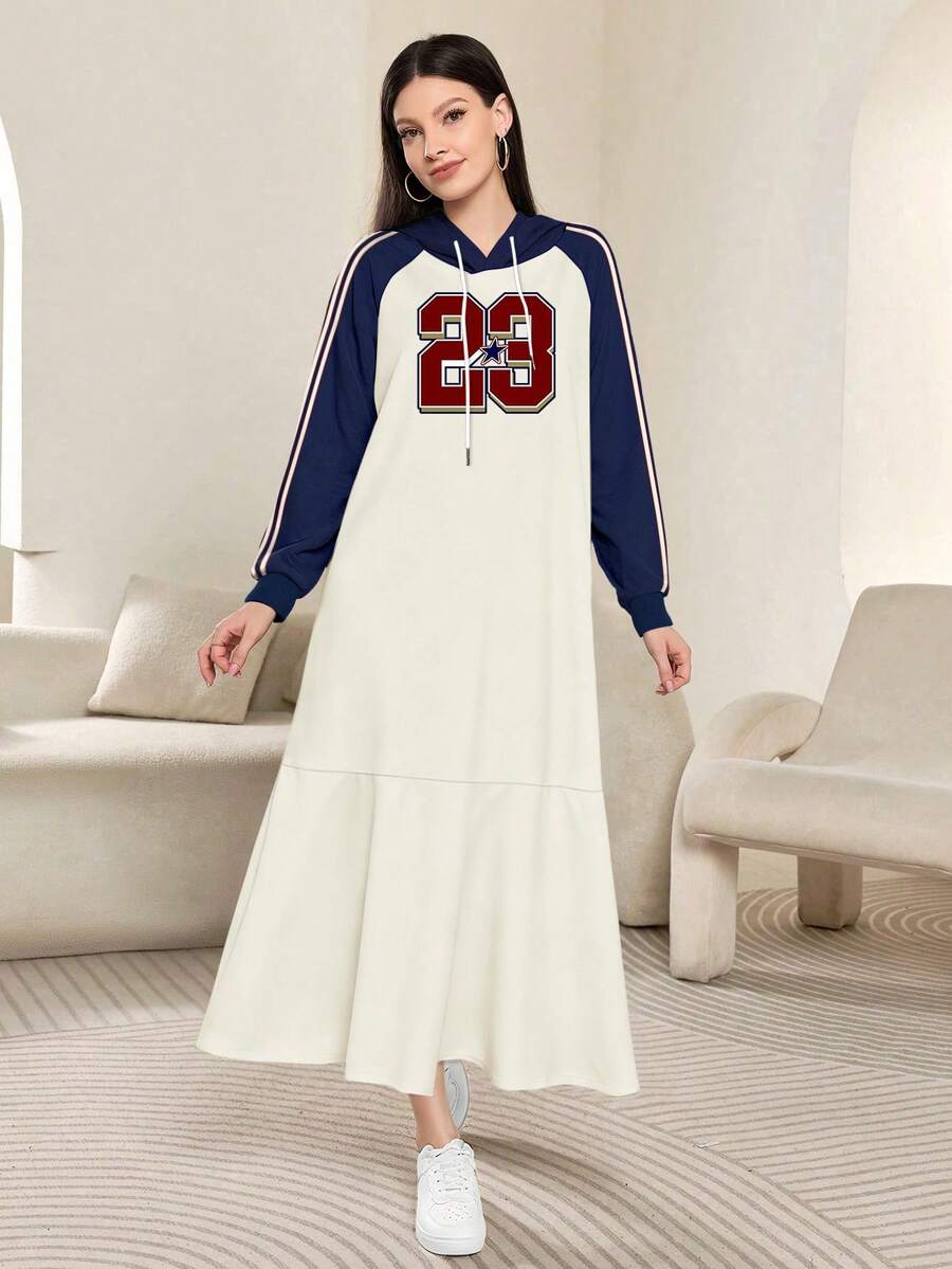 Modelyn 字母印花时尚连帽条纹插肩长袖女式长连衣裙，春秋季 - 彩色 - 查看 1