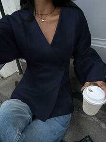 Siren Gaze Damen Einfarbige V-Ausschnitt Langarm Doppelreiher Lässig Jacke