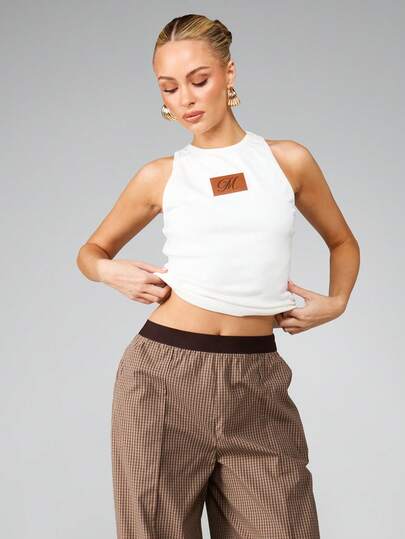 MISSGUIDED Ribbed Knit Tank Top With Brown Logo Patch For Casual Loungewear And Everyday Comfort