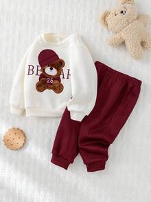 Cozy Pixies 2pcs Baby Boy Cartoon Bear Embroidery Knit Soft Crew Neck Long Sleeve Sweatshirt And Elastic Waist Ankle-Length Pants Thick Thermal Lined Set - Burgundy - View 3