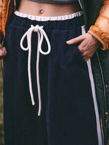 Medorelle Pantalon ample décontracté à jambes larges avec taille contrastée, cordon de serrage et rayures latérales, doublé thermique pour femmes en automne/hiver - Bleu marine - Voir 4