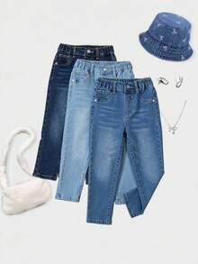 3 piezas Jeans vaqueros ajustados y elásticos para niñas jóvenes, estilo casual escolar, adecuados para primavera, verano, otoño e invierno