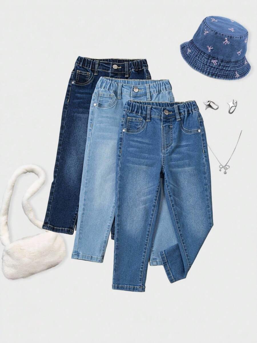 3 piezas Jeans vaqueros ajustados y elásticos para niñas jóvenes, estilo casual escolar, adecuados para primavera, verano, otoño e invierno